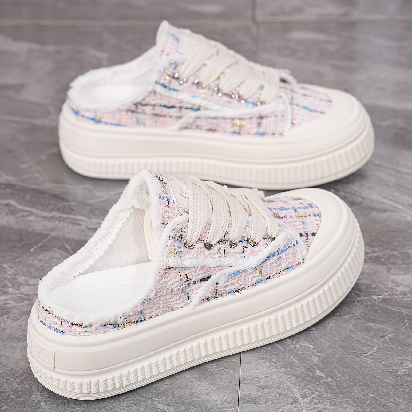 Women's Summer Platform Mules Sneakers Breathable Fabric White Pastel