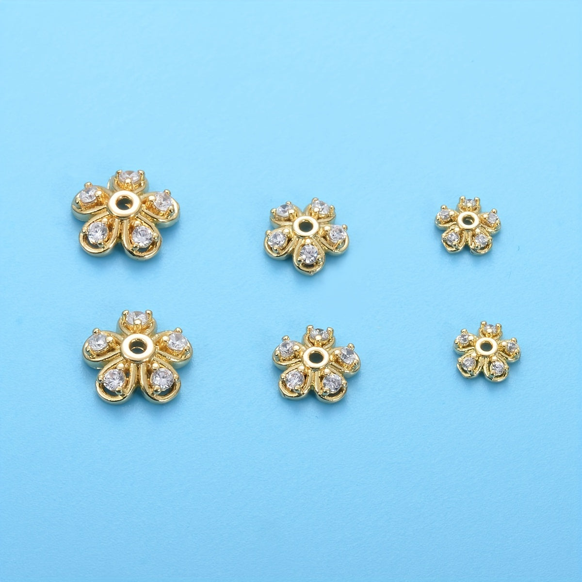 Brass Flower Bead Caps Set of 20 with Synthetic Cubic Zircons 6mm 8mm 10mm