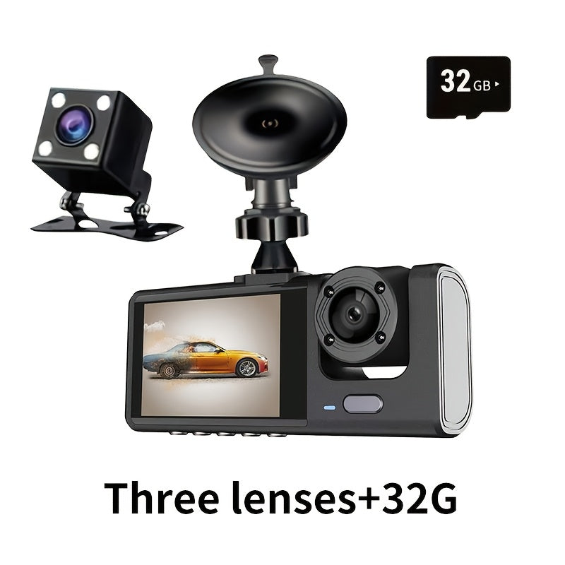 Car Dash Cam 1080P 3-Channel Night Vision Wide Angle Loop Recording Black