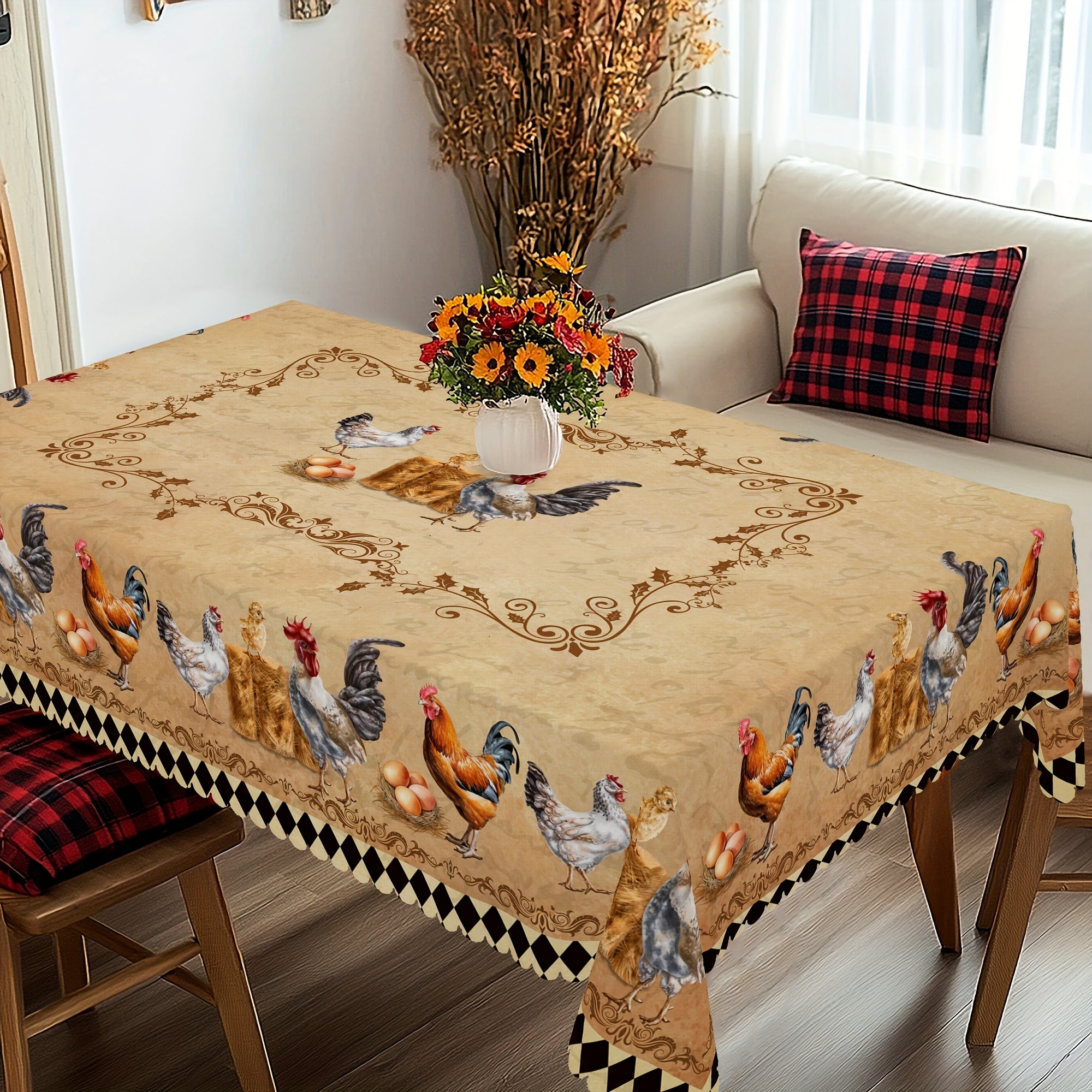 Farmhouse Rooster Chick Egg Print Tablecloth for Indoor Outdoor Use