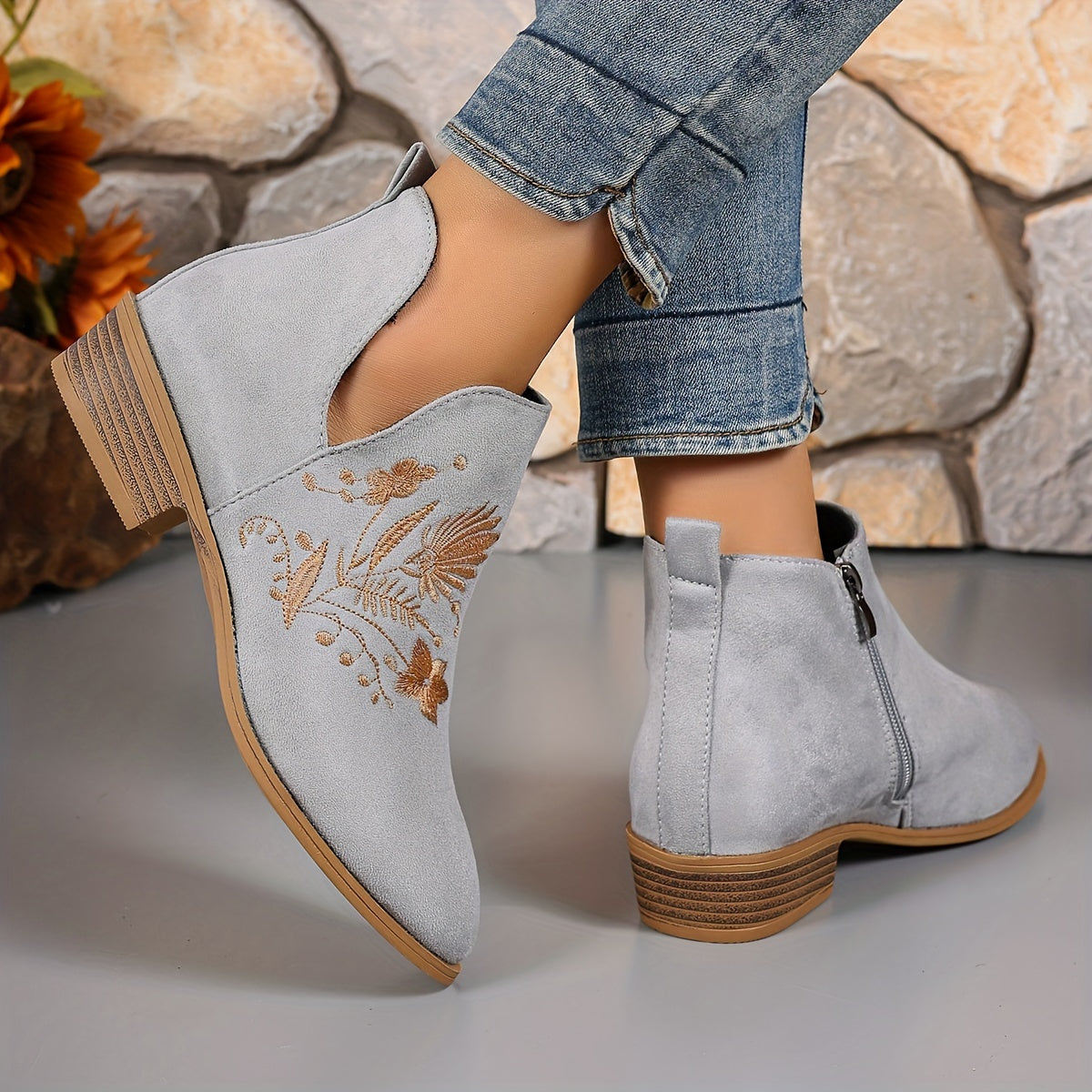 Women Embroidered Fabric Ankle Booties Round Toe Zip Mid-Heel French Heels