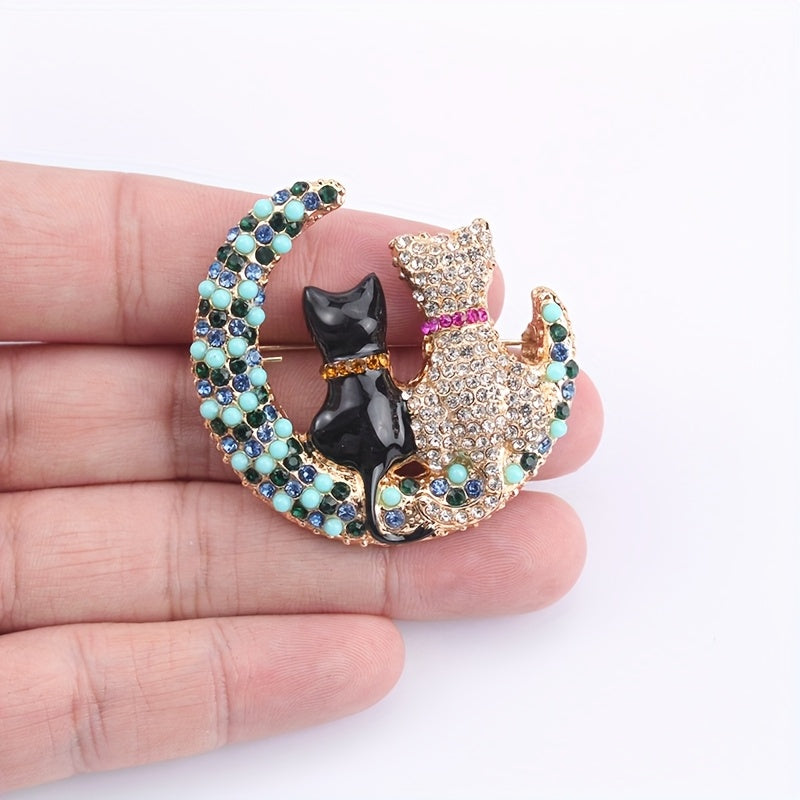 Rhinestone Cat and Moon Brooch Pin Alloy Fashion Accessory for Women