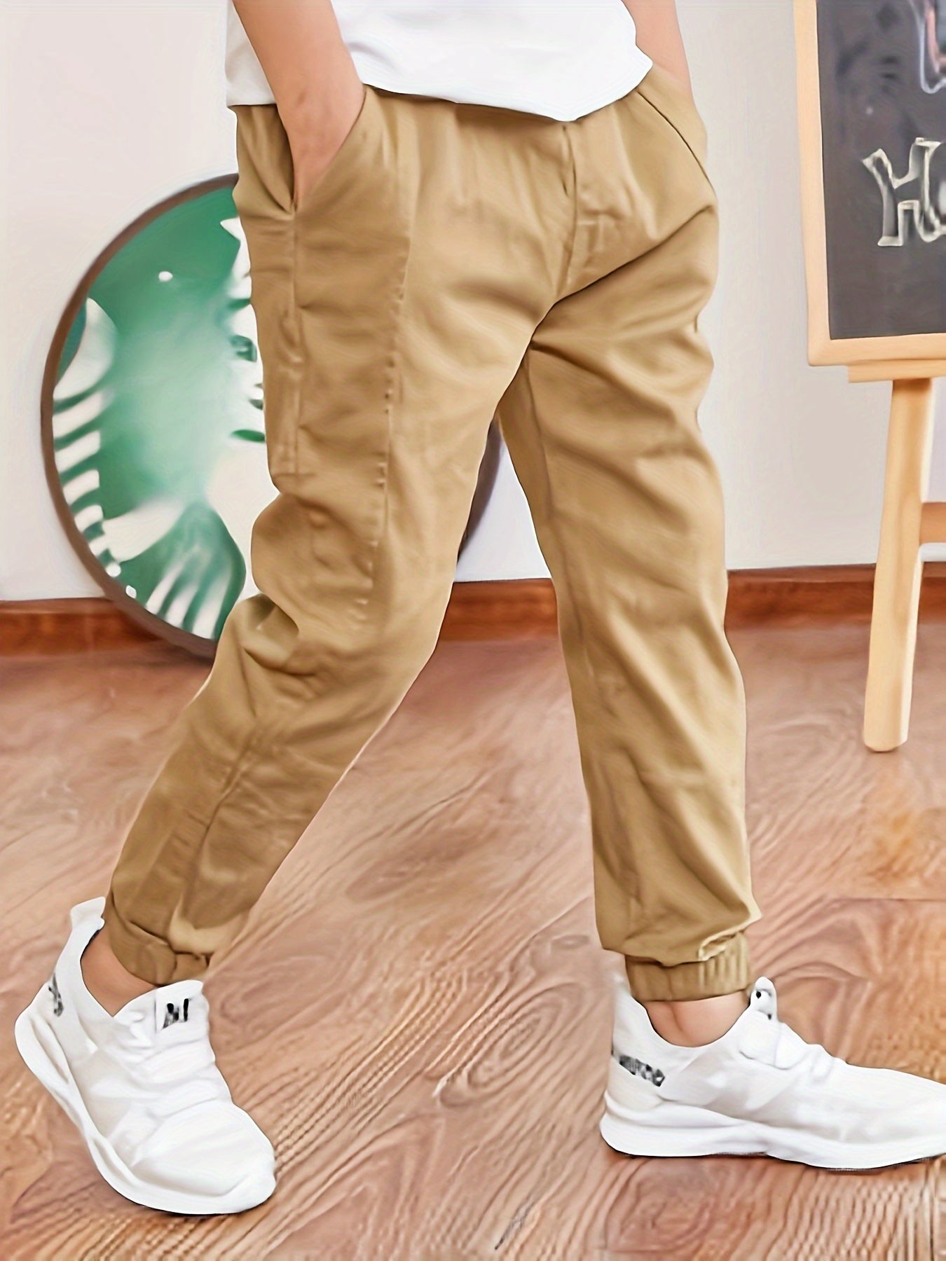 Kids Boys Slim Fit Khaki Cargo Pants Cotton Blend Elastic Waist Casual All-Season