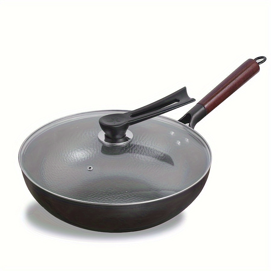 Cast Iron Wok 32cm Non-Stick Hand-Forged Stir-Fry Pan with Wooden Lid