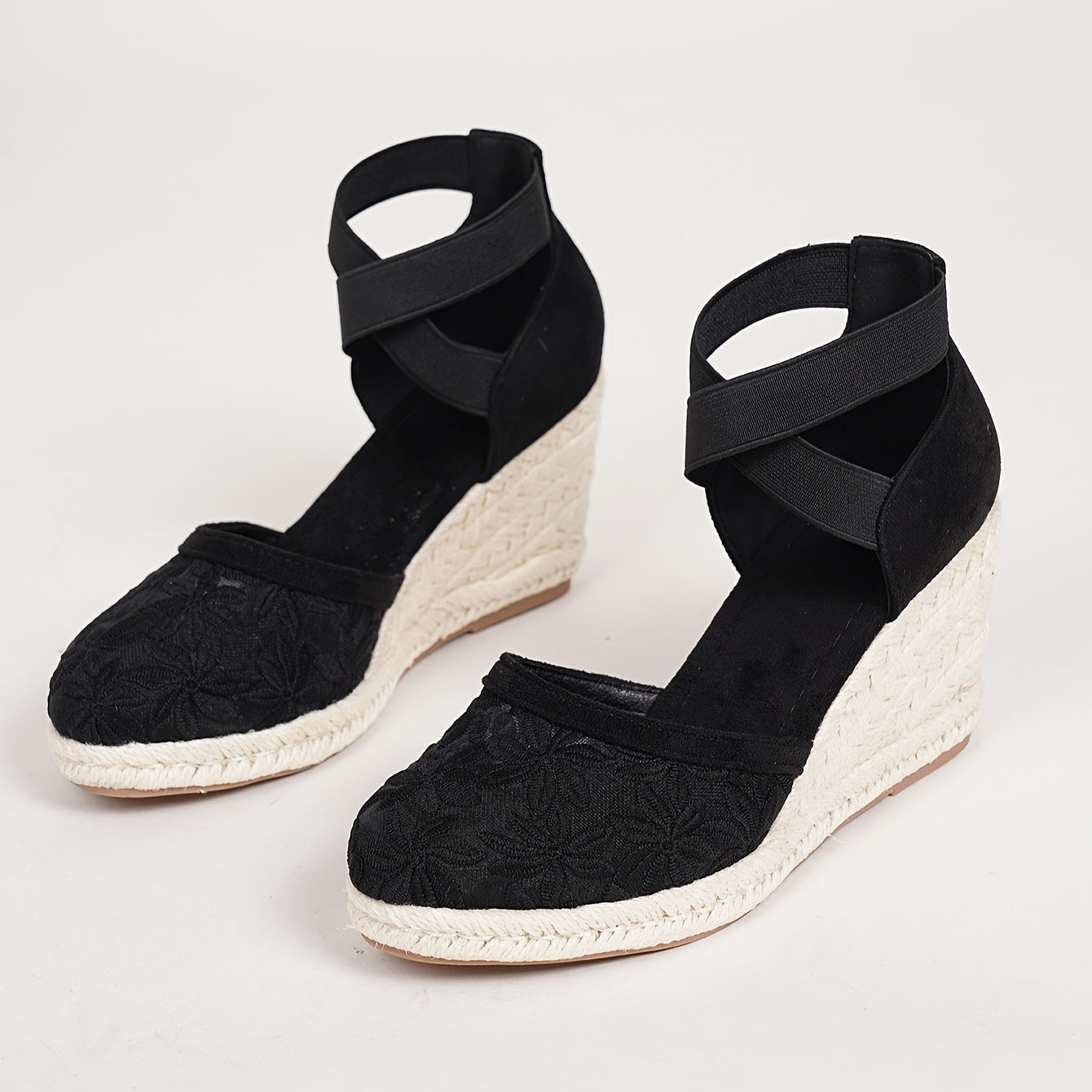 Women's Black High Heel Espadrille Pumps With Non-Slip Wedge and Ankle Straps