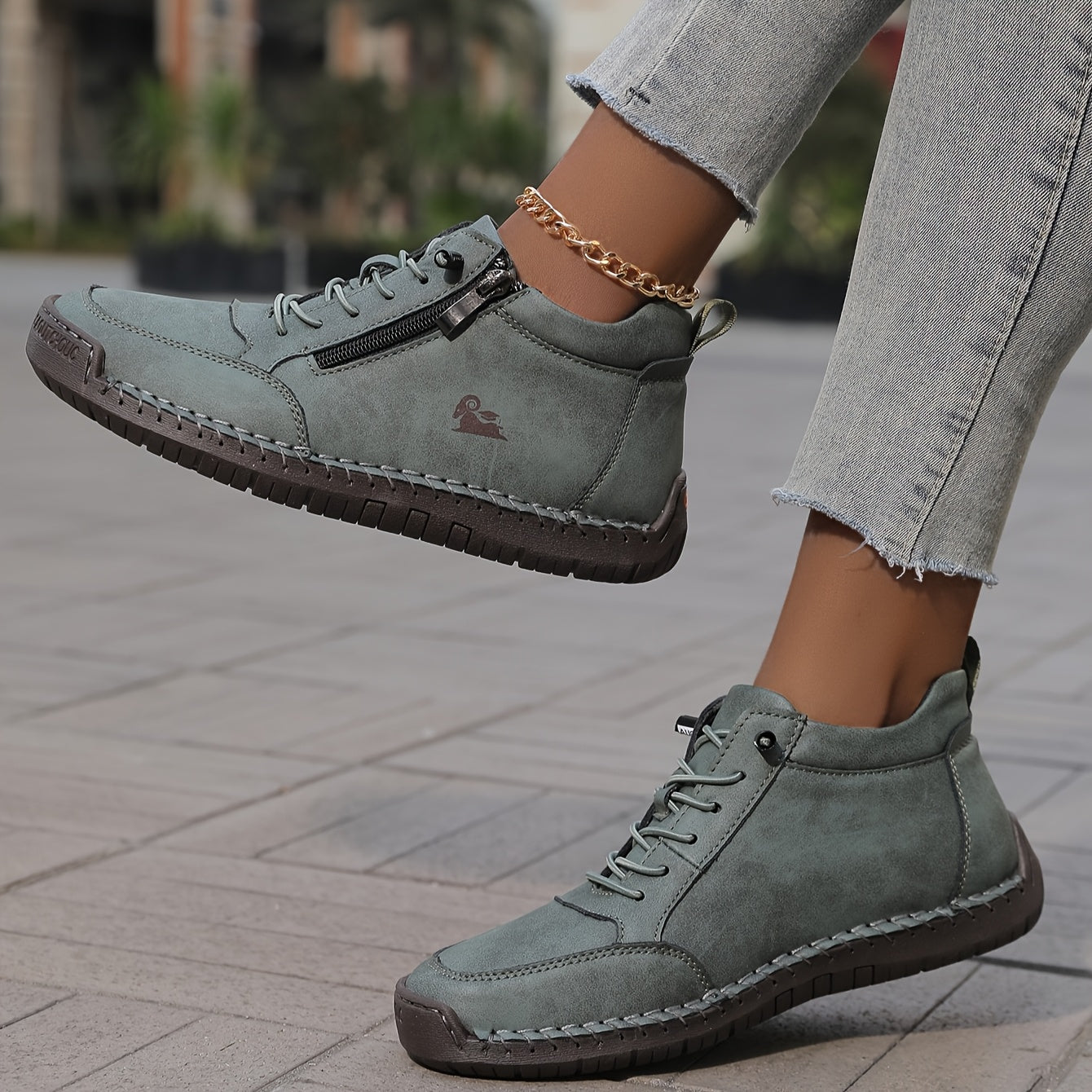 Women’s Handmade Stitched Leather Midband Slip-On Casual Short Boots