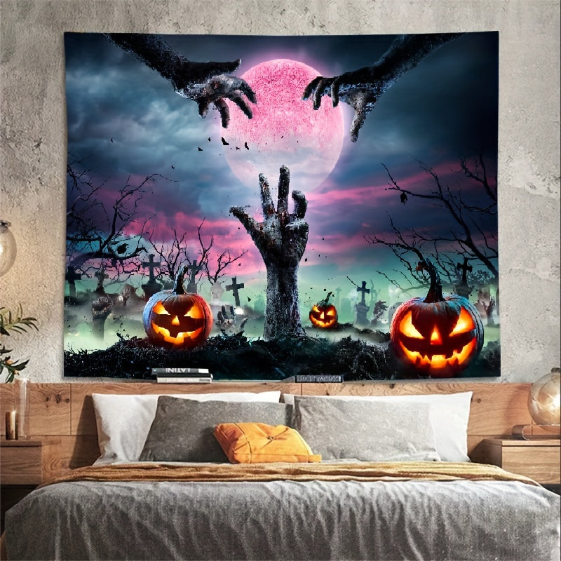 Qo'rqinchli Halloween Tapestry - Qabr qo'llari, o'yilgan qovoqlar va dahshatli sehrli fon bilan - Halloween uy bezaklari uchun mukammal