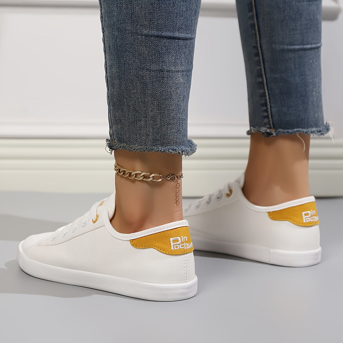 Women's Canvas Casual Sneakers Black White Lace-Up Walking Shoes