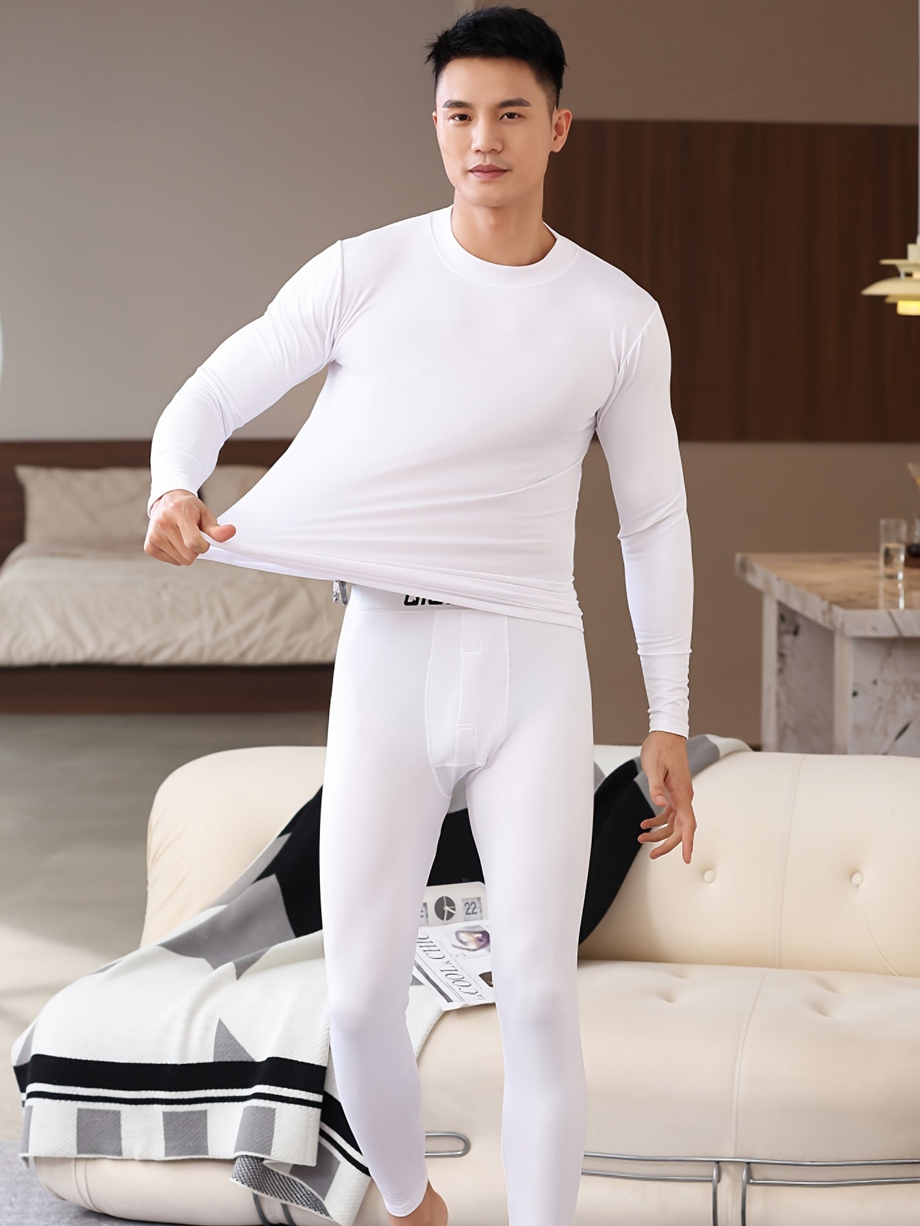 Conjunto de ropa interior térmica para hombre, forrado de felpa, de color sólido y ajuste elástico para invierno