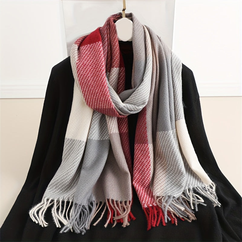 Chal con flecos para otoño e invierno, unisex, de imitación cachemira a cuadros