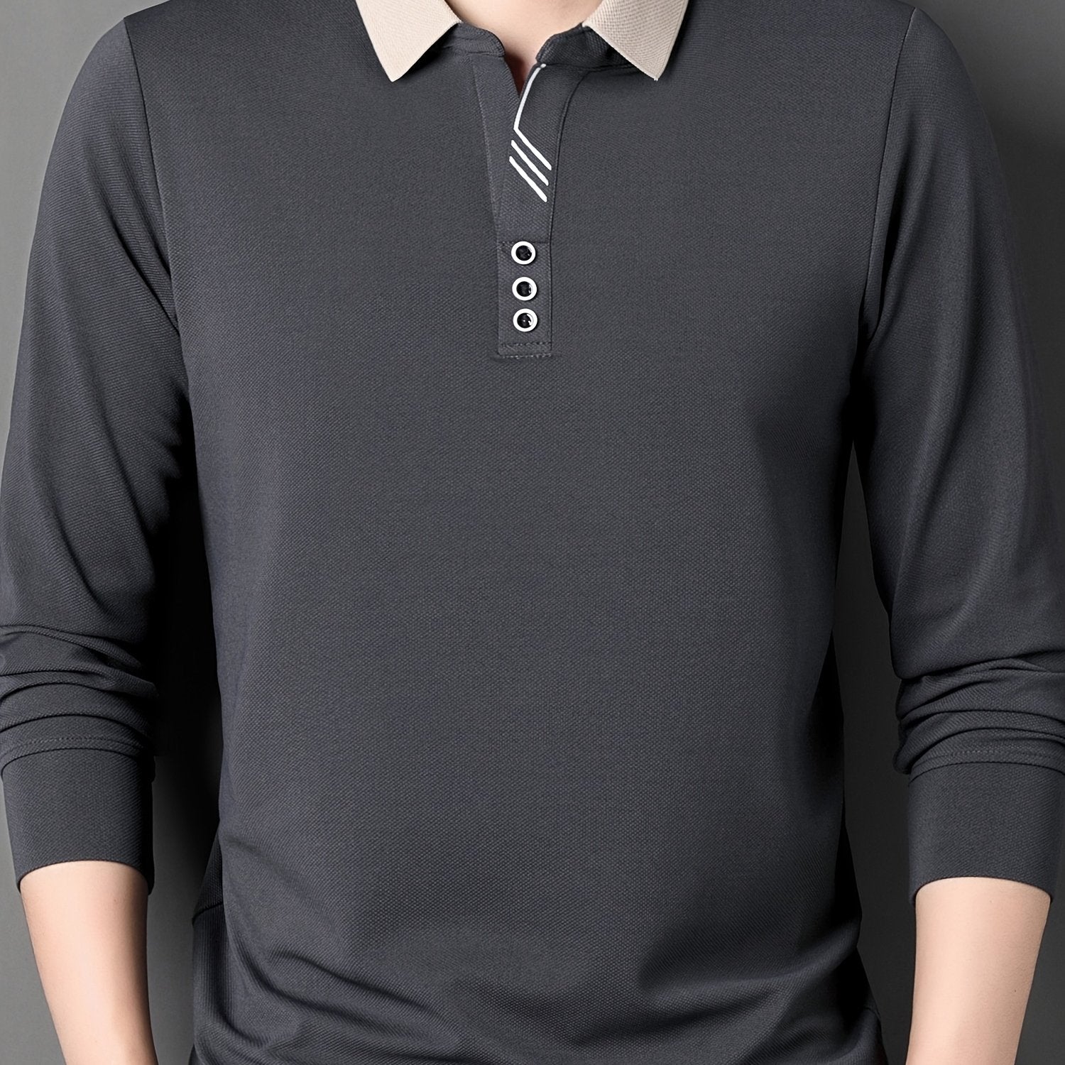 Camisa de golf de manga larga para hombre, punto de poliéster de color sólido, casual, ajuste regular