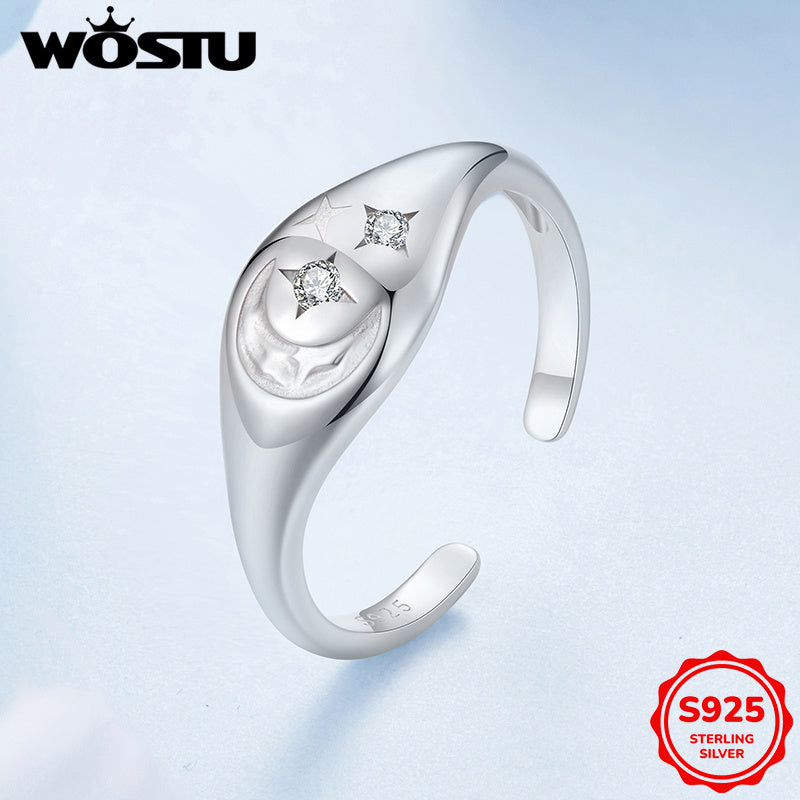 Women's Silver Open Ring with Star and Moon Design and Synthetic Zirconia Stones