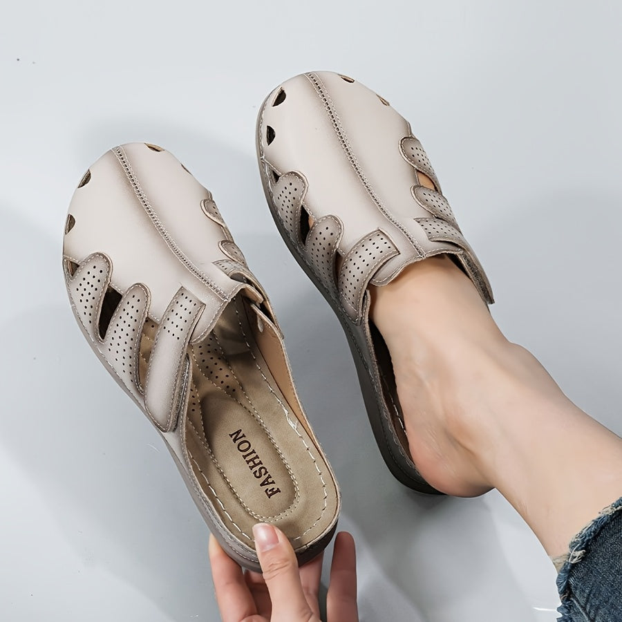 Women's Perforated Leather Slides with Wedge Heel and Anti-Slip Sole