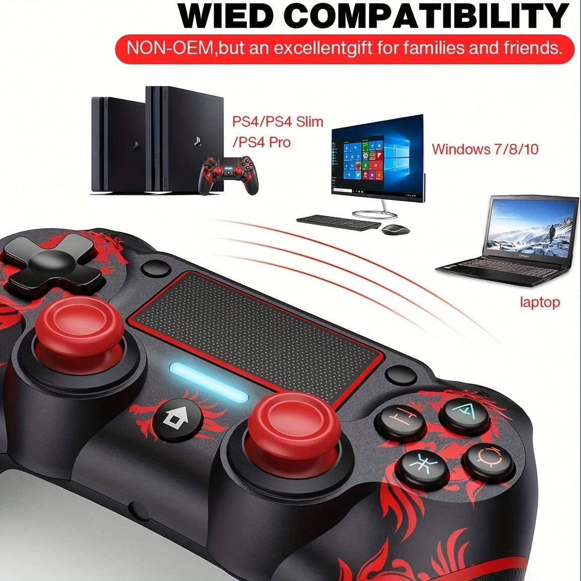 Wireless PS4 Controller with Dual Vibration 6-Axis Touchpad 3.5mm Audio Black Red
