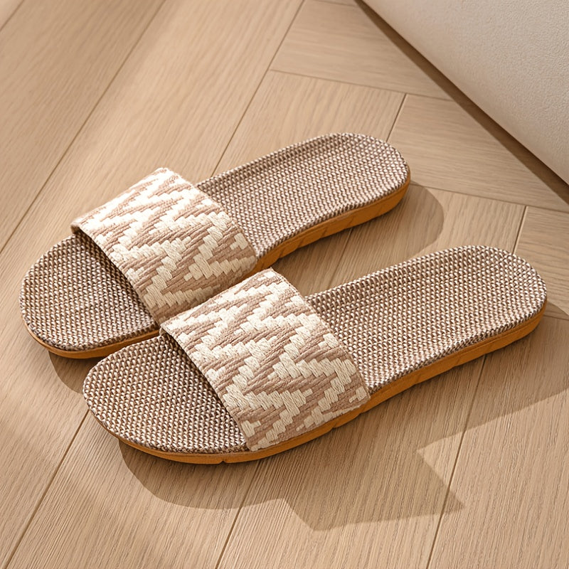 Unisex Linen Slip-On Slippers with Chevron Pattern Non-Slip EVA Sole