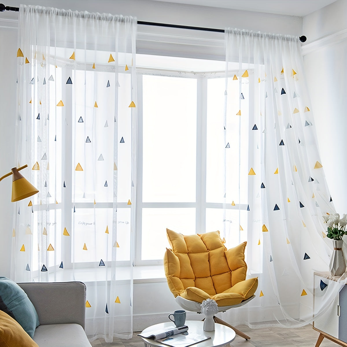 White Geometric Triangle Sheer Curtains for Girls Room Living Room Bedroom Polyester Embroidered Panel
