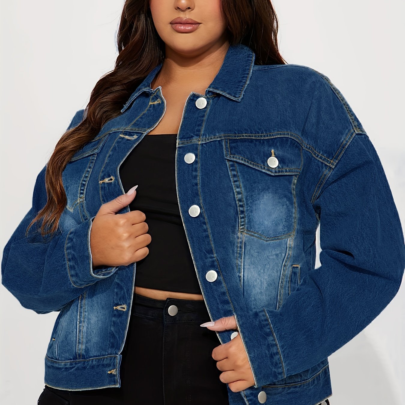 Women's Plus Size Light Blue Denim Jacket Casual Long Sleeve Button-Up