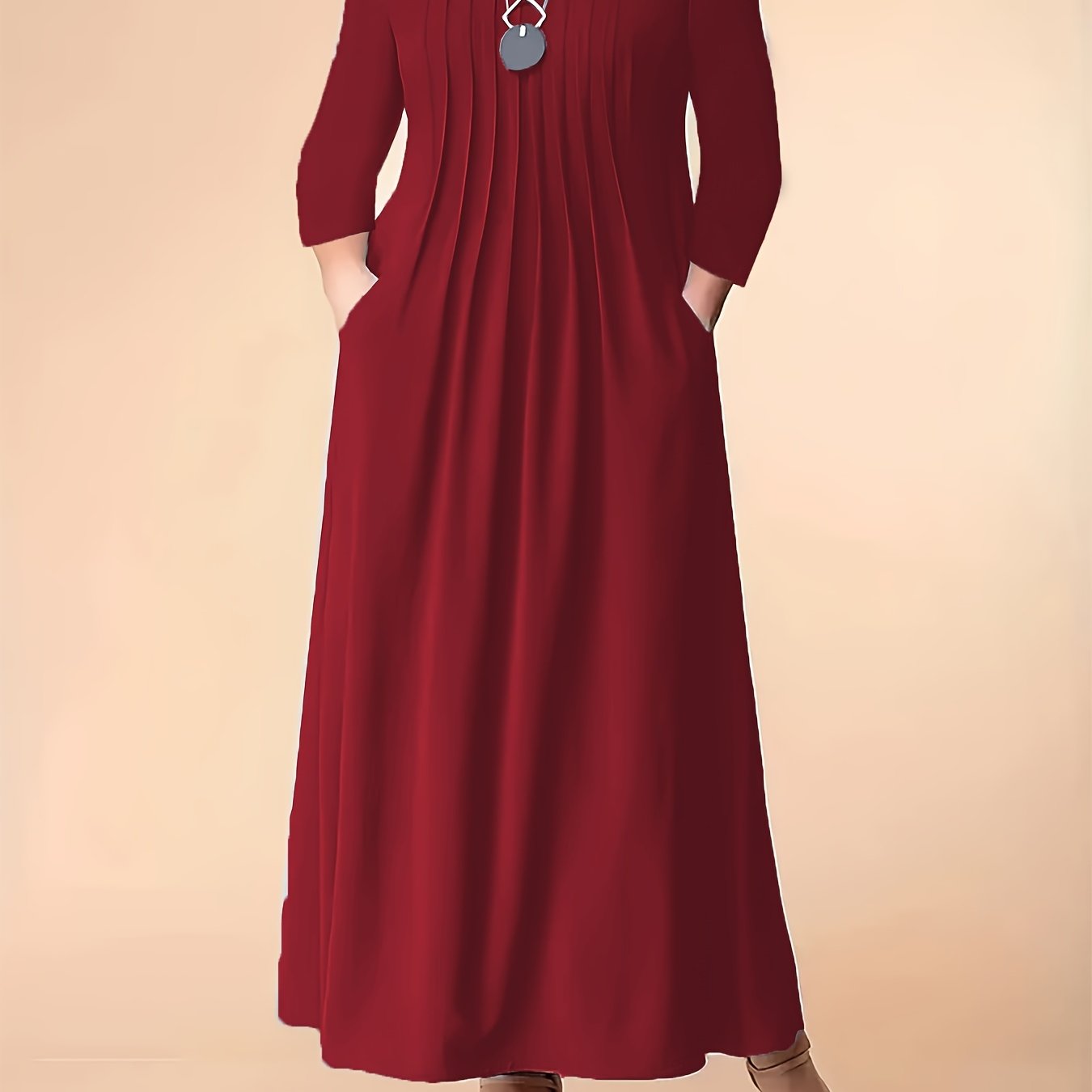 Plus Size Red Maxi Dress for Women with Long Sleeves Pockets Pleated Stretchy Polyester