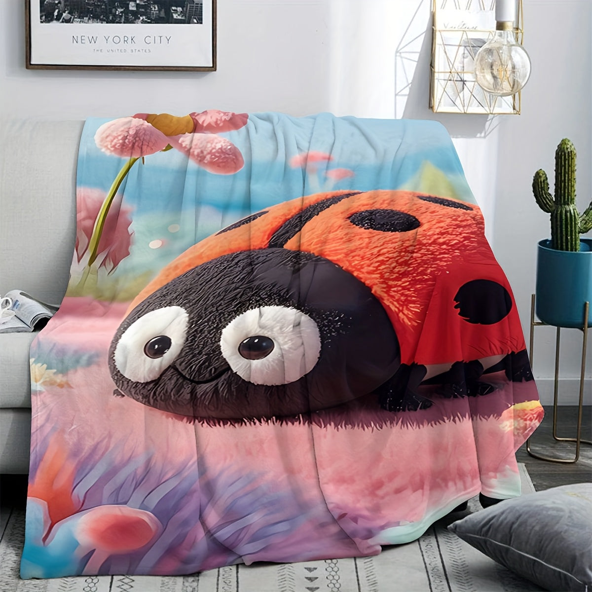 Ladybug Plush Throw Blanket All-Season Knit Soft Polyester for Kids and Home