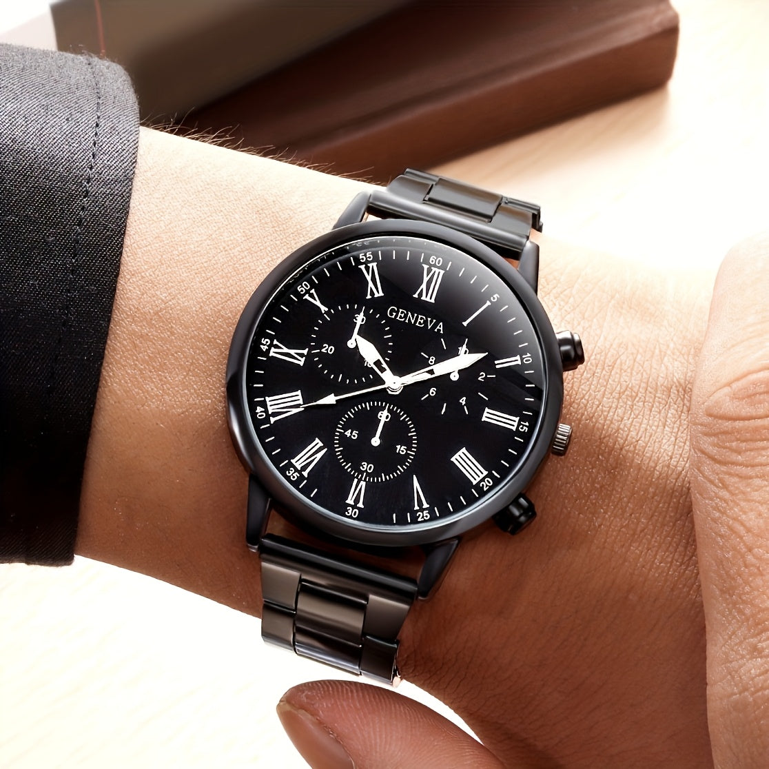 Men's Stainless Steel Business Watch Set with Quartz Dial Necklace Bracelet Ring