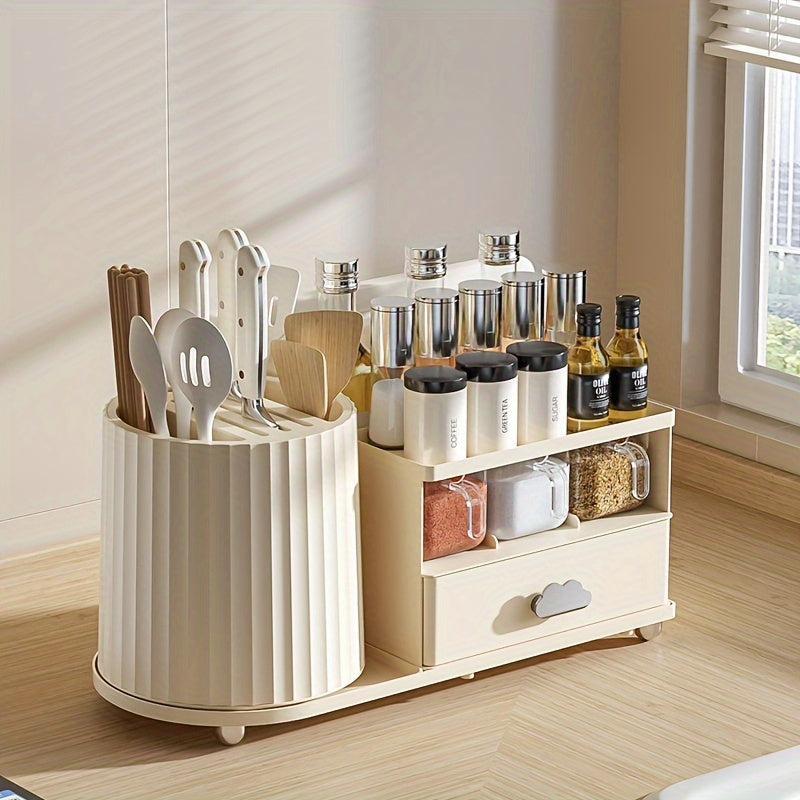 Одно многофункциональное комбинированное ножевое хранилище для домашнего использования, с вращающимся дизайном для организации ножей, ложек, вилок и приправ на кухне.