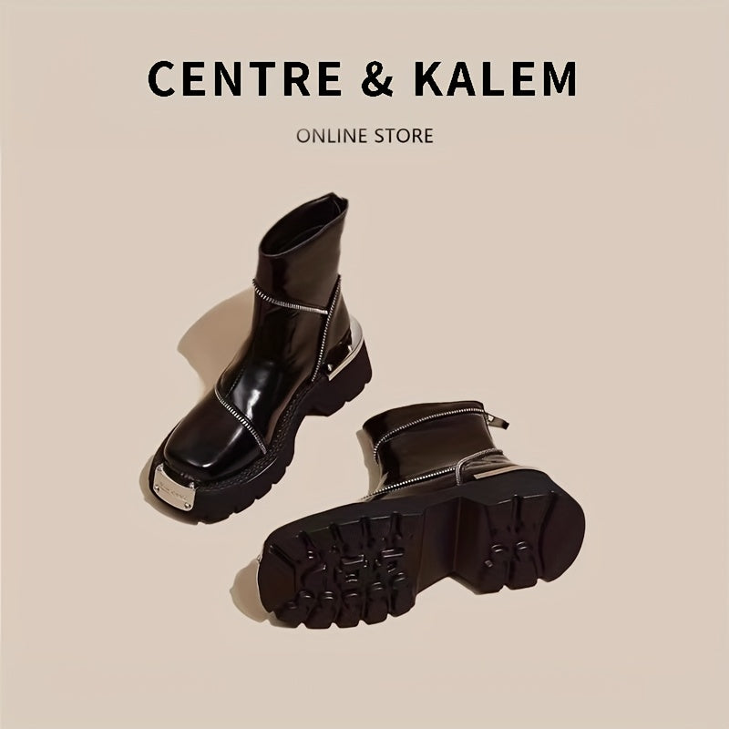 Women's Chunky Microfiber Ankle Boots with Zipper and Rubber Sole