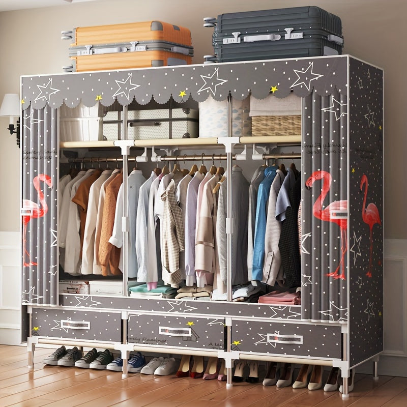 Pink Floral and Bird Pattern Wardrobe Closet with Cover and Metal Frame for Bedroom or Rental Space