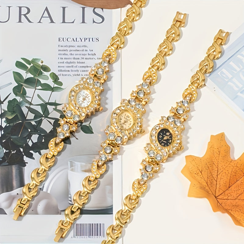 Women's Gold Rhinestone Quartz Watch with Oval Zinc Alloy Case and Analog Display