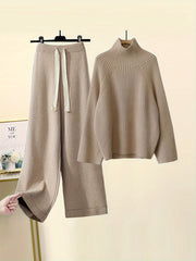Casual Set with Wide-Leg Long Pants and High-Neck Knitted Top in Solid Viscose