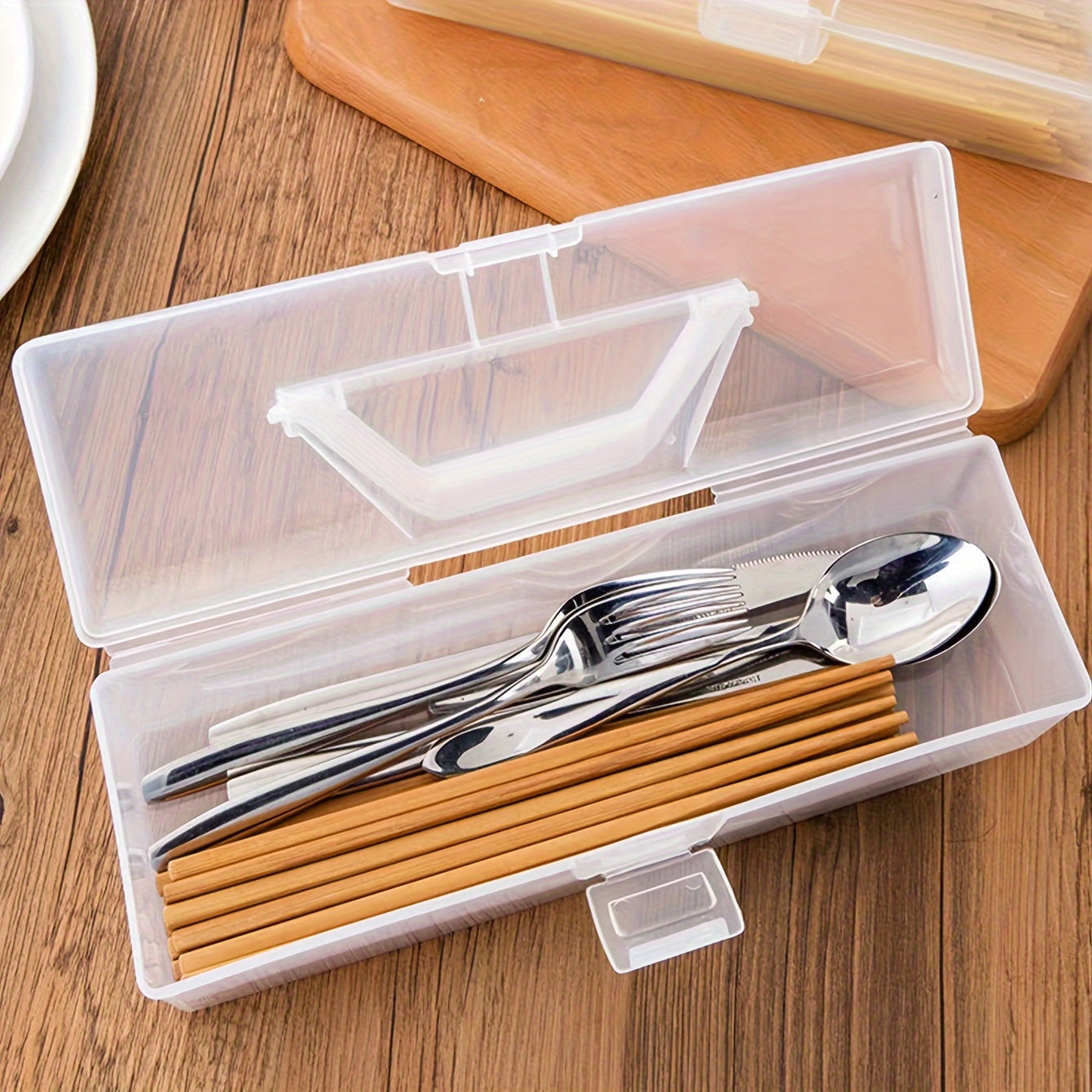 Organizador de utensilios de cocina de plástico con tapa para cubiertos y palillos