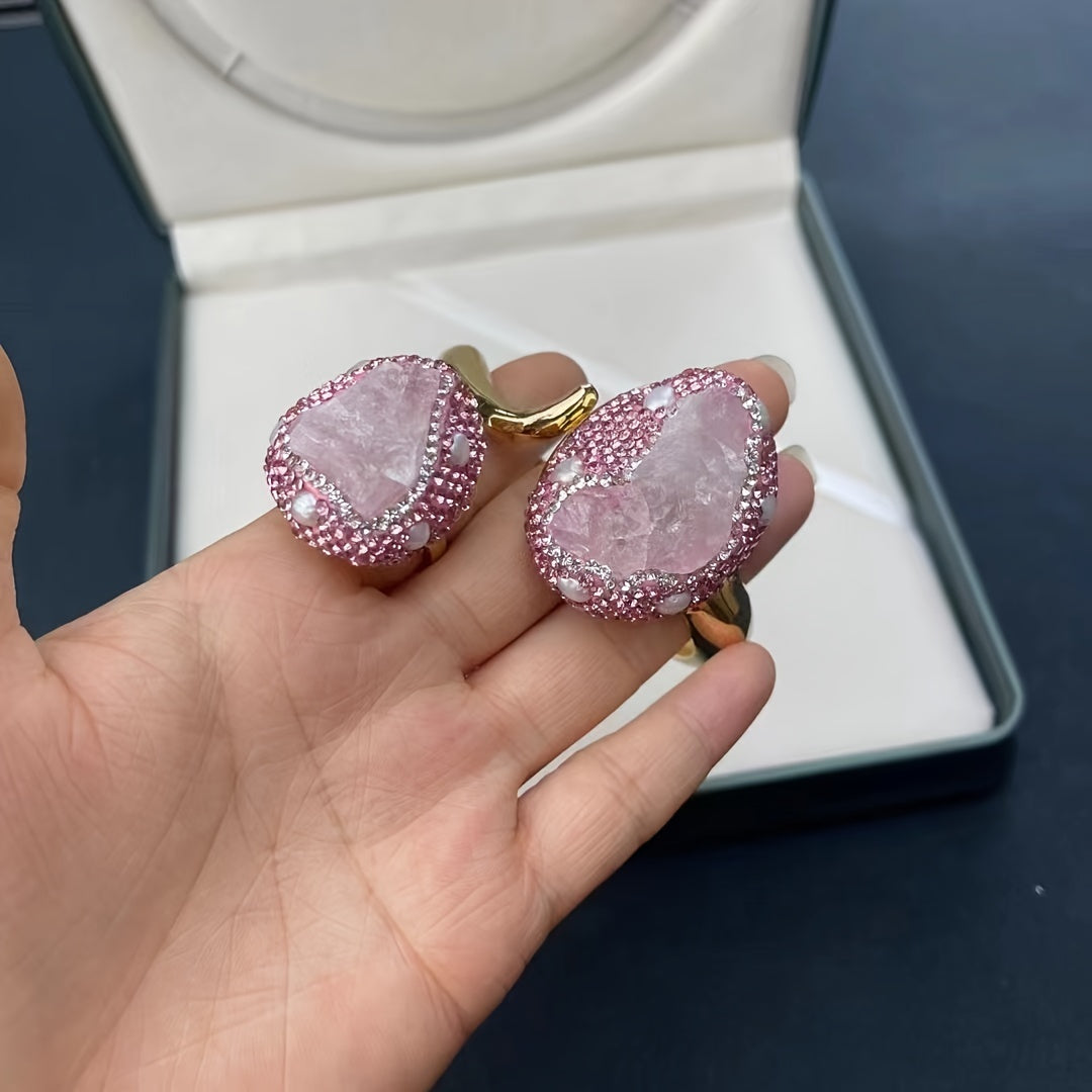 Women's Bohemian Pink Quartz Bracelet and Ring Set in 14K Gold Plated Titanium Alloy