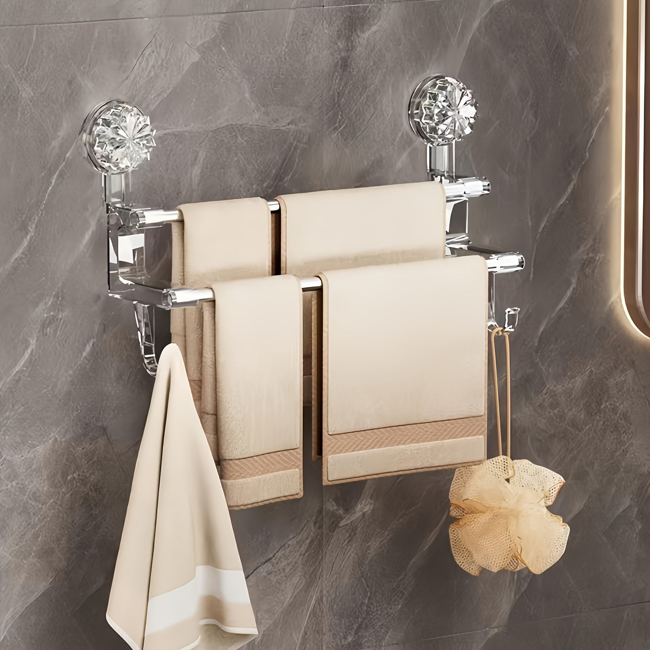 Dual Rod Towel Rack with Suction Cups No-Drill Wall Mount Bathroom Storage Metal Hanging Rod