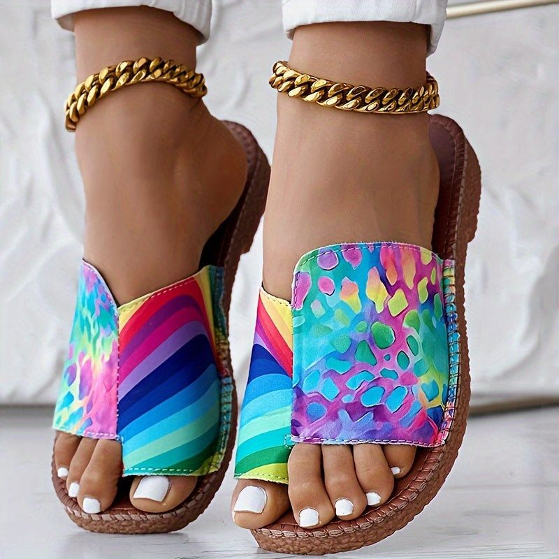 Women Two-Tone Leopard Print Slide Sandals Open Toe Flat Heel