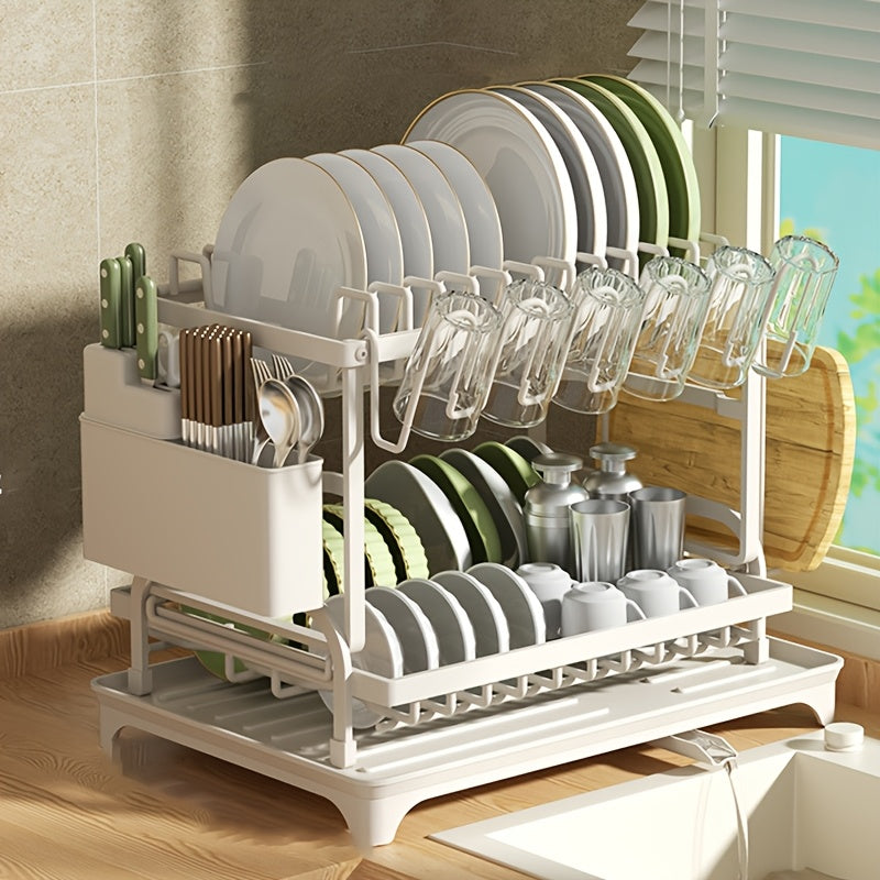 Large Metal 2-Layer Dish Drying Rack with Drain Board and Accessories