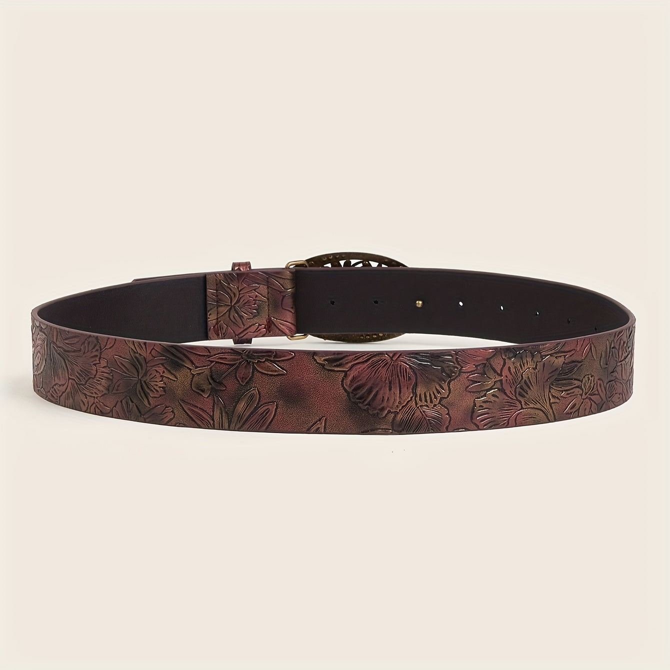 Women's Leather Belt with Western Floral Engraved Design for Jeans and Dresses