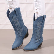 Women’s Mid-Calf Western Boots Fabric Floral Pointed Toe Winter