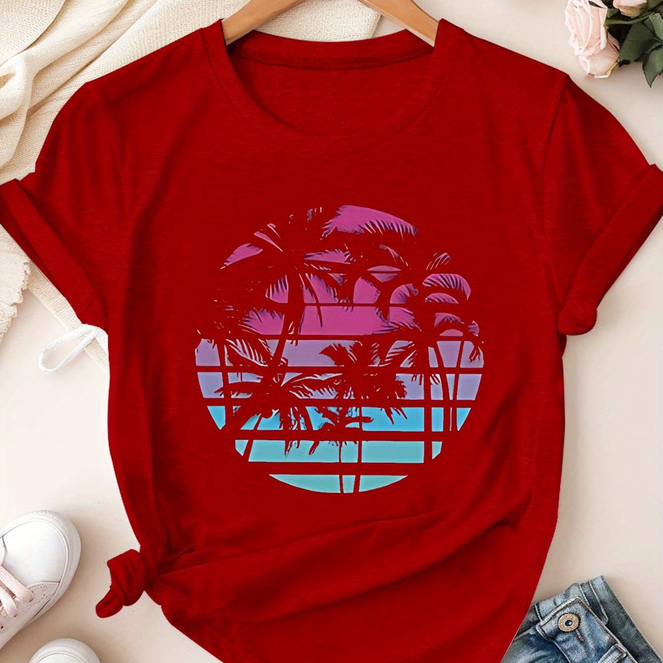 Women's Plus Size Casual T-Shirt Tropical Palm Sunset Print Short Sleeve Dark Green