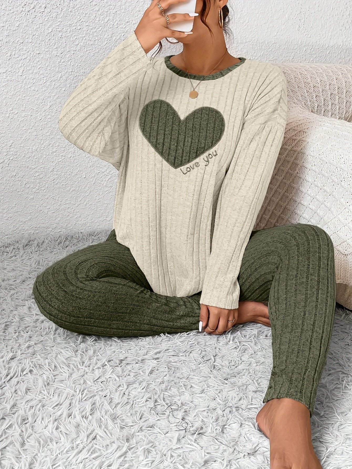 Plus Size Heart Fitted Long Sleeve and Long Pants Loungewear Set
