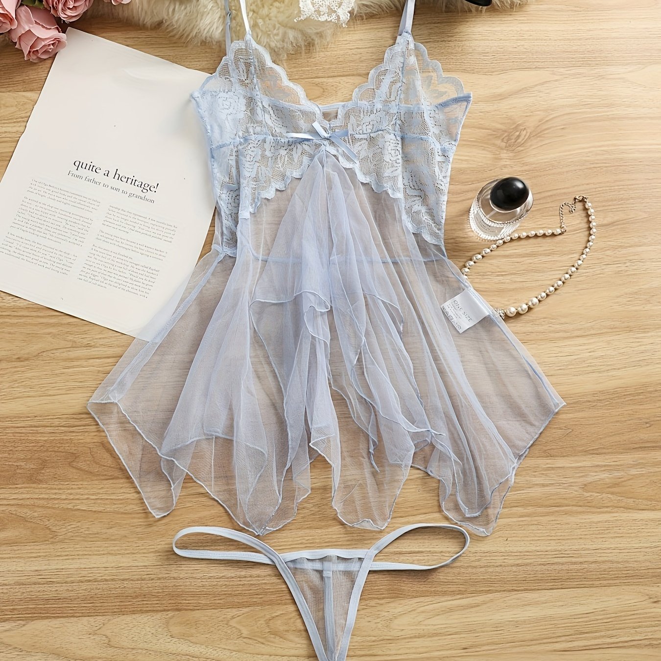 Women’s Sheer Mesh Lingerie Set with Knit Polyester Slip and Tulle Nightdress