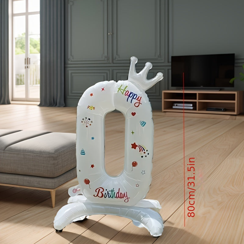 White 32-Inch Crown Number Balloon with Colorful Designs for Birthday Party