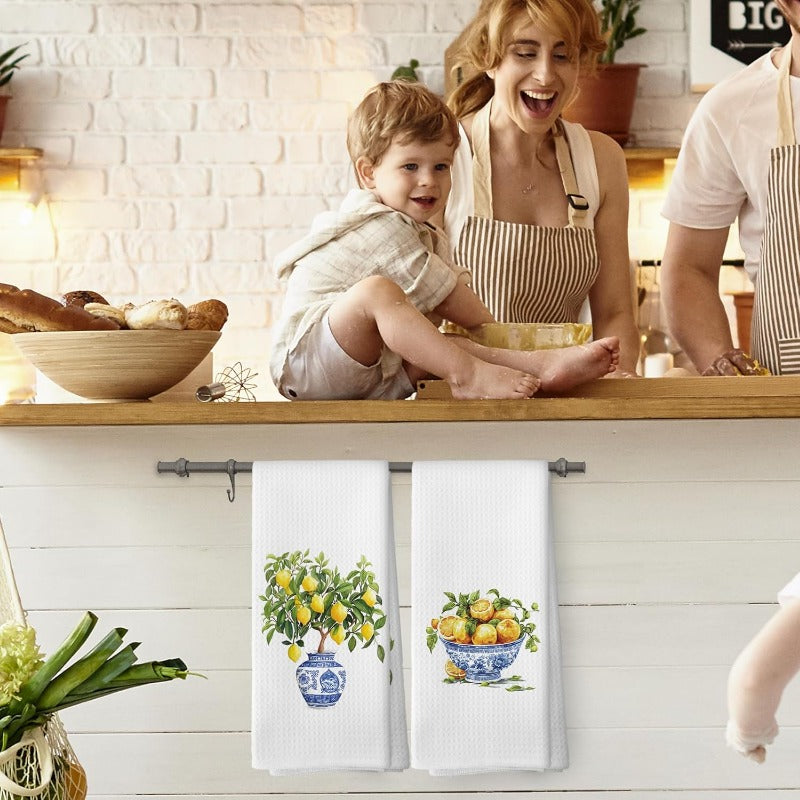 Cartoon Lemon and Blue White Vase Kitchen Towels Set of 2 Super Soft Polyester Dish Cloths