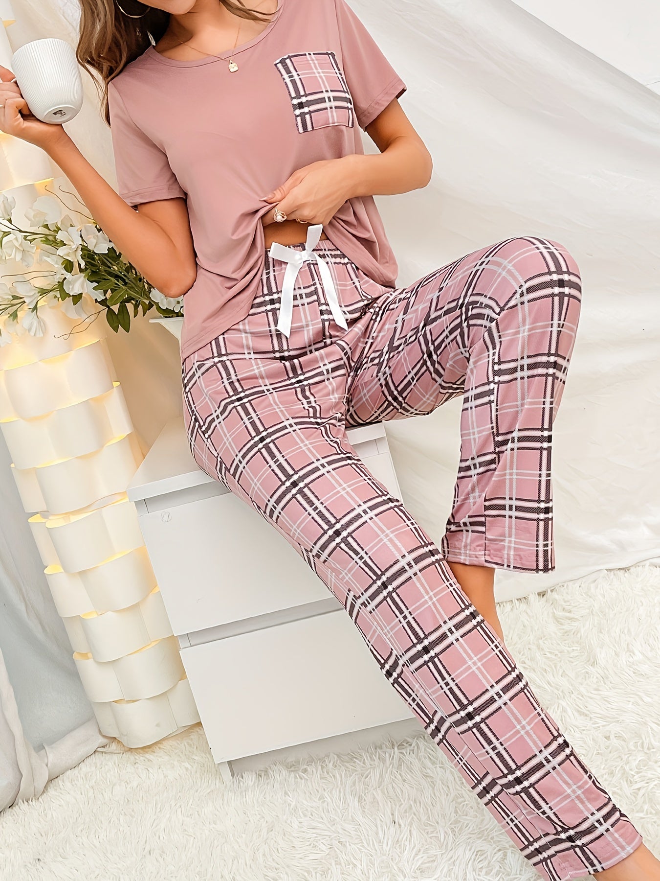 Women's Plaid Pajama Set Short Sleeve Top and Lounge Pants