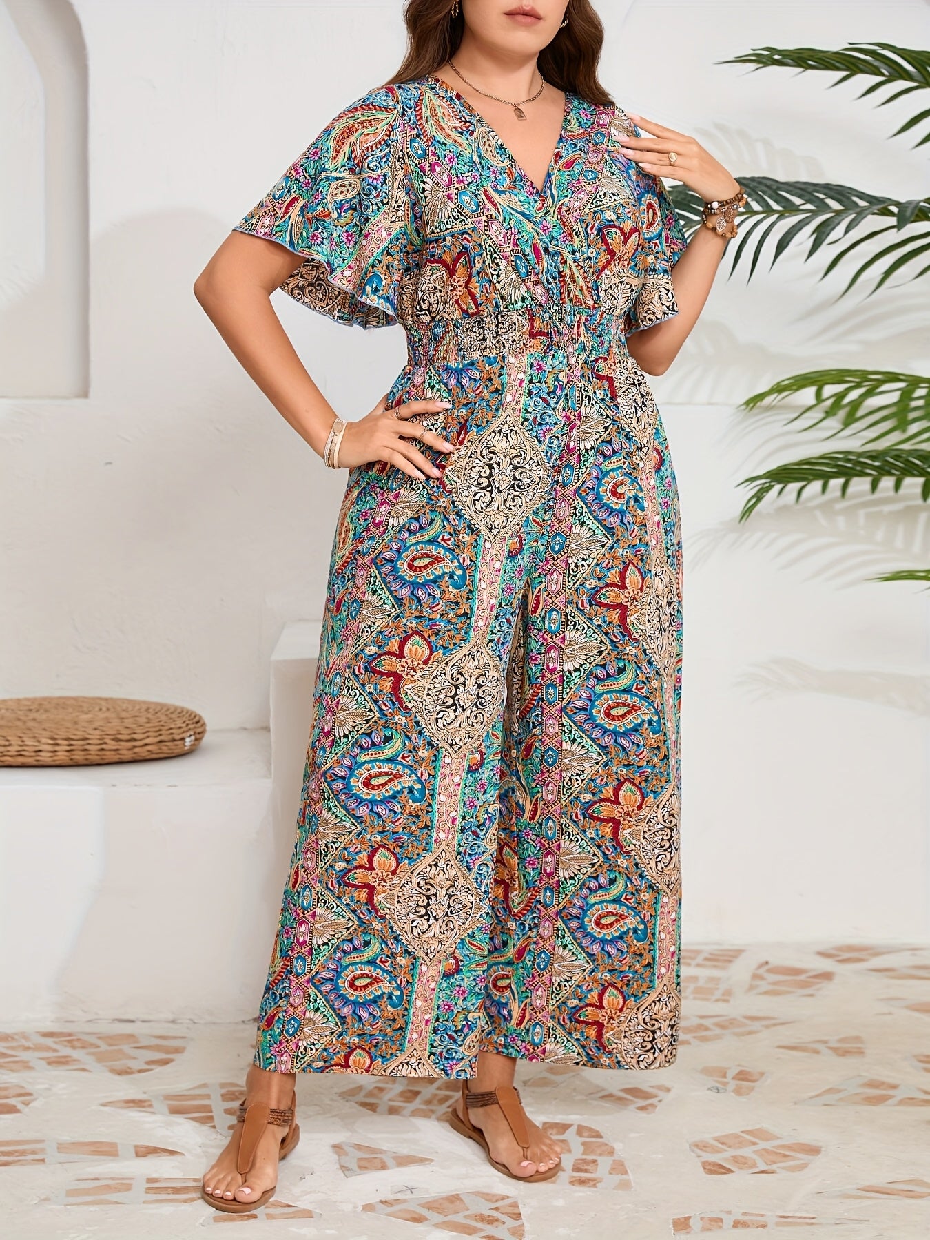 Plus Size Elegant V-Neck Cushion Woven Fabric Spring Summer Jumpsuit