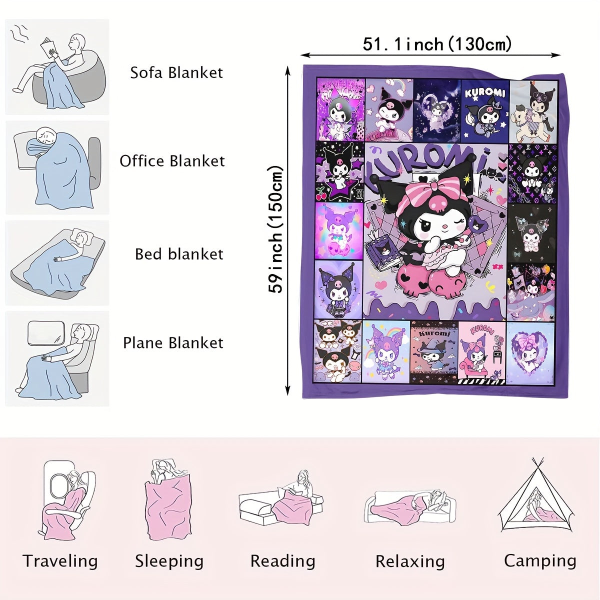 Kuromi Cartoon Flannel Throw Blanket for Kids and Adults Soft Cozy All-Season Bedding