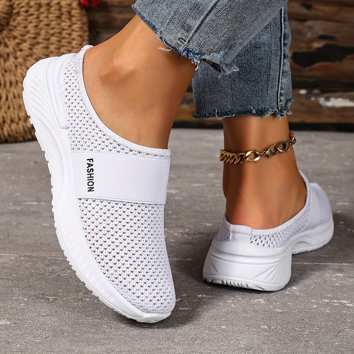 Women's Breathable Knit Slip-On Sneakers Lightweight White Casual Shoes