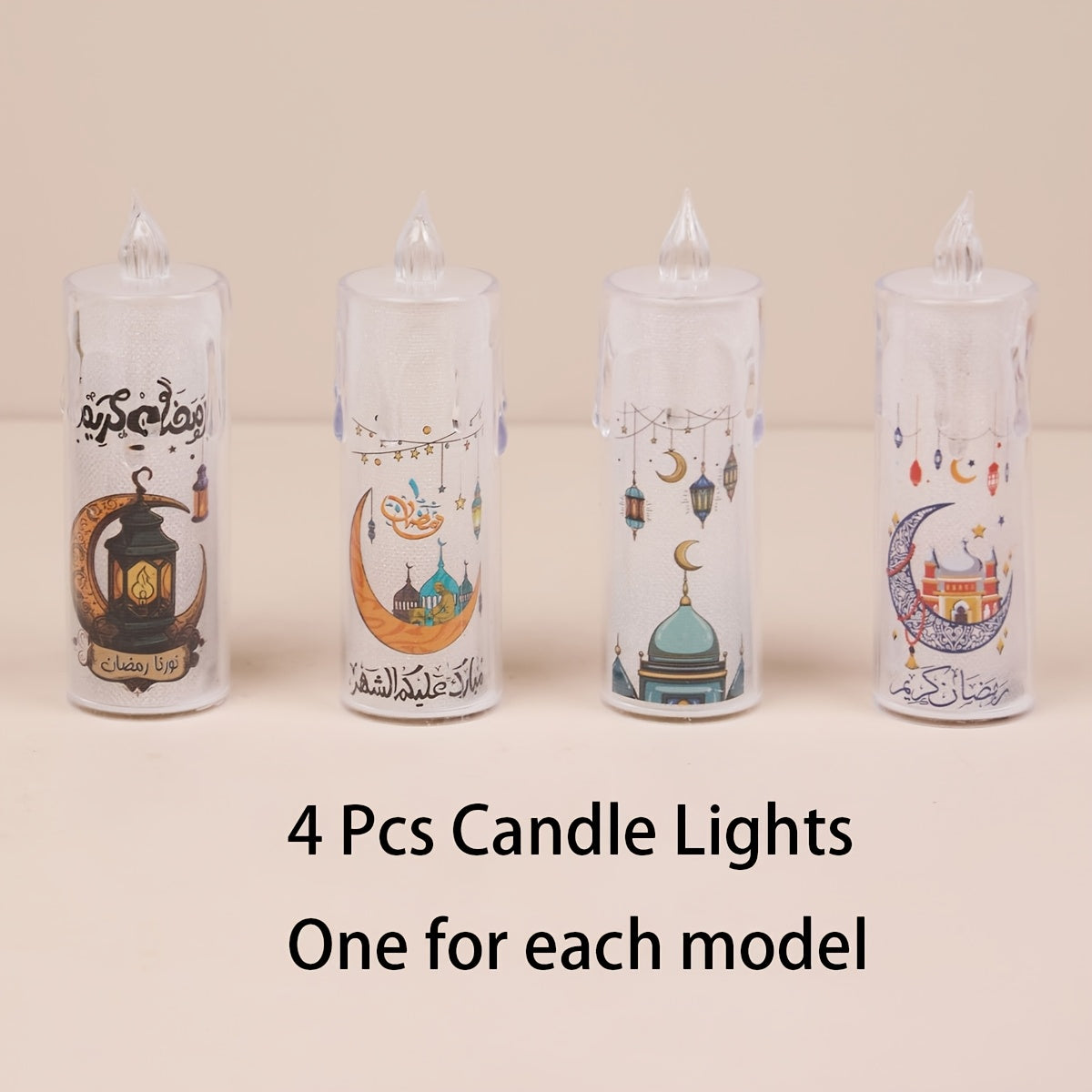 4 ta LED Ramazon sham yoritgichlari batareyalar bilan ishlaydi, Eid va bayram tadbirlari uchun mukammal.