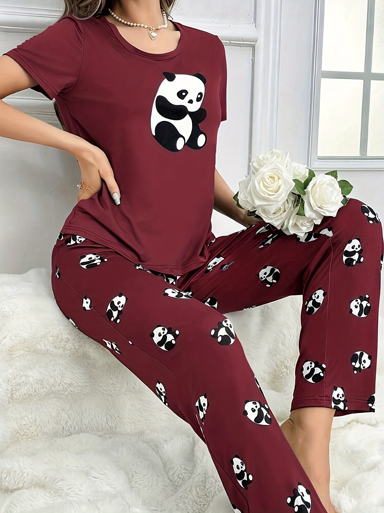 Women's Sleepwear Set with Panda Print Short Sleeve Top and Elastic Pants