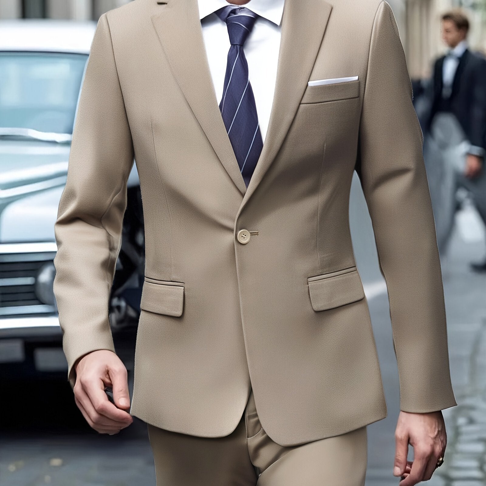 Bir xil rangdagi erkaklar kostyumi, muhrlangan cho'ntaklar, oddiy kesimli shimlar, biznes va to'ylar uchun mukammal.