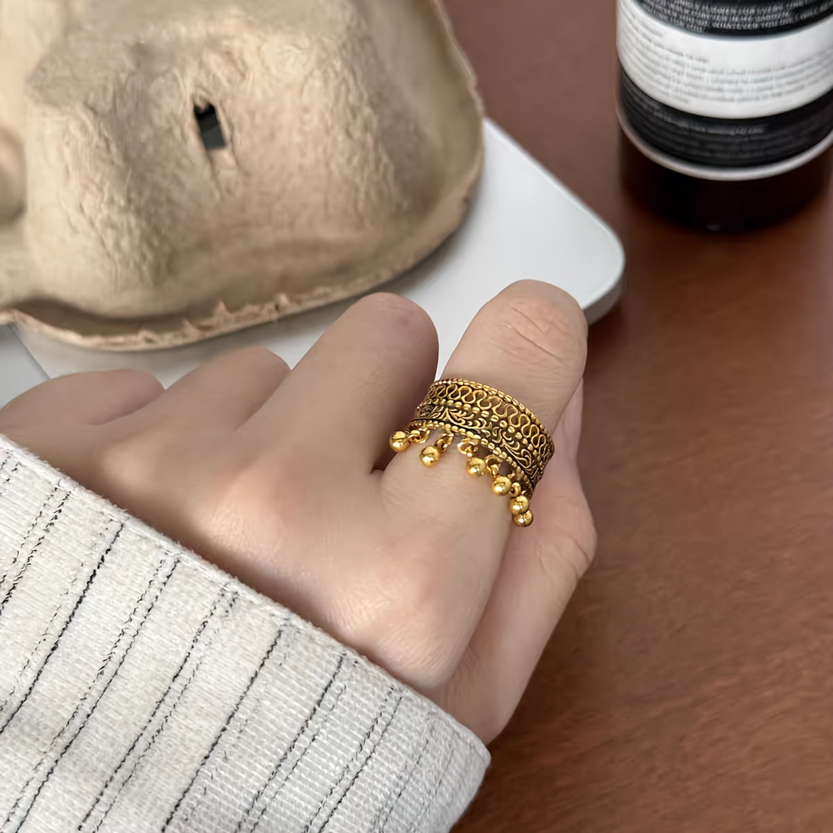 Copper Adjustable Cuff Ring with Rose Gold Plating Filigree Open Design Charms Tassels for Women