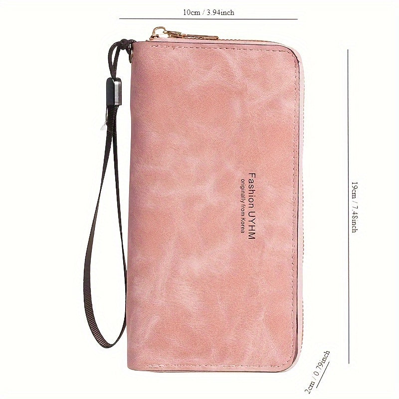 Cartera femenina de cuero sintético vegano negro con cierre de cremallera y correa de muñeca